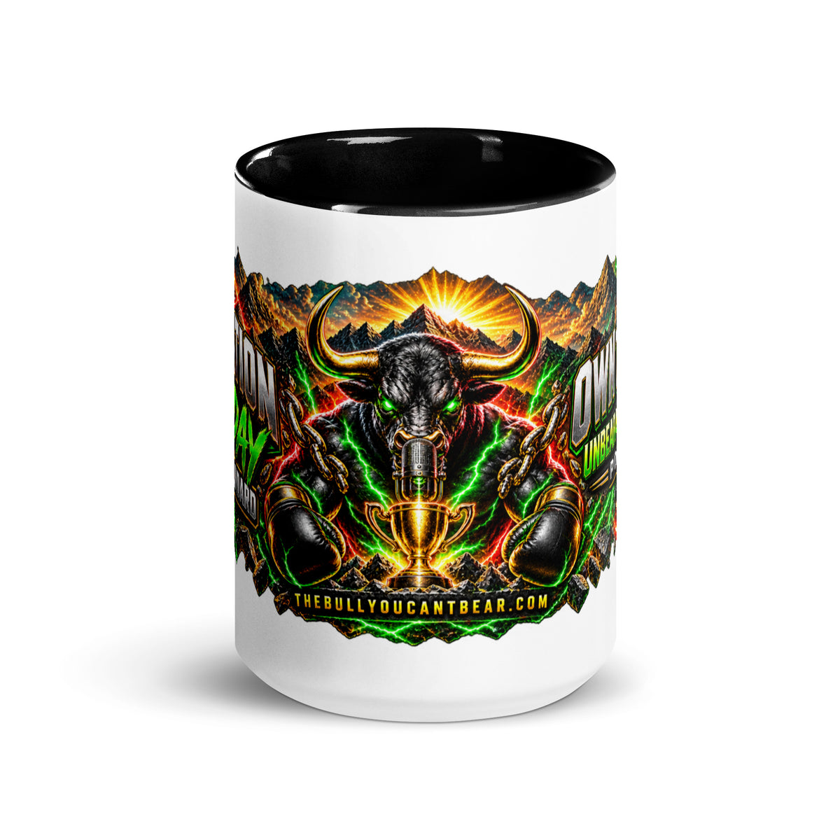 Motivation Monday Own The Week Mug with black interior, 15 oz, front view