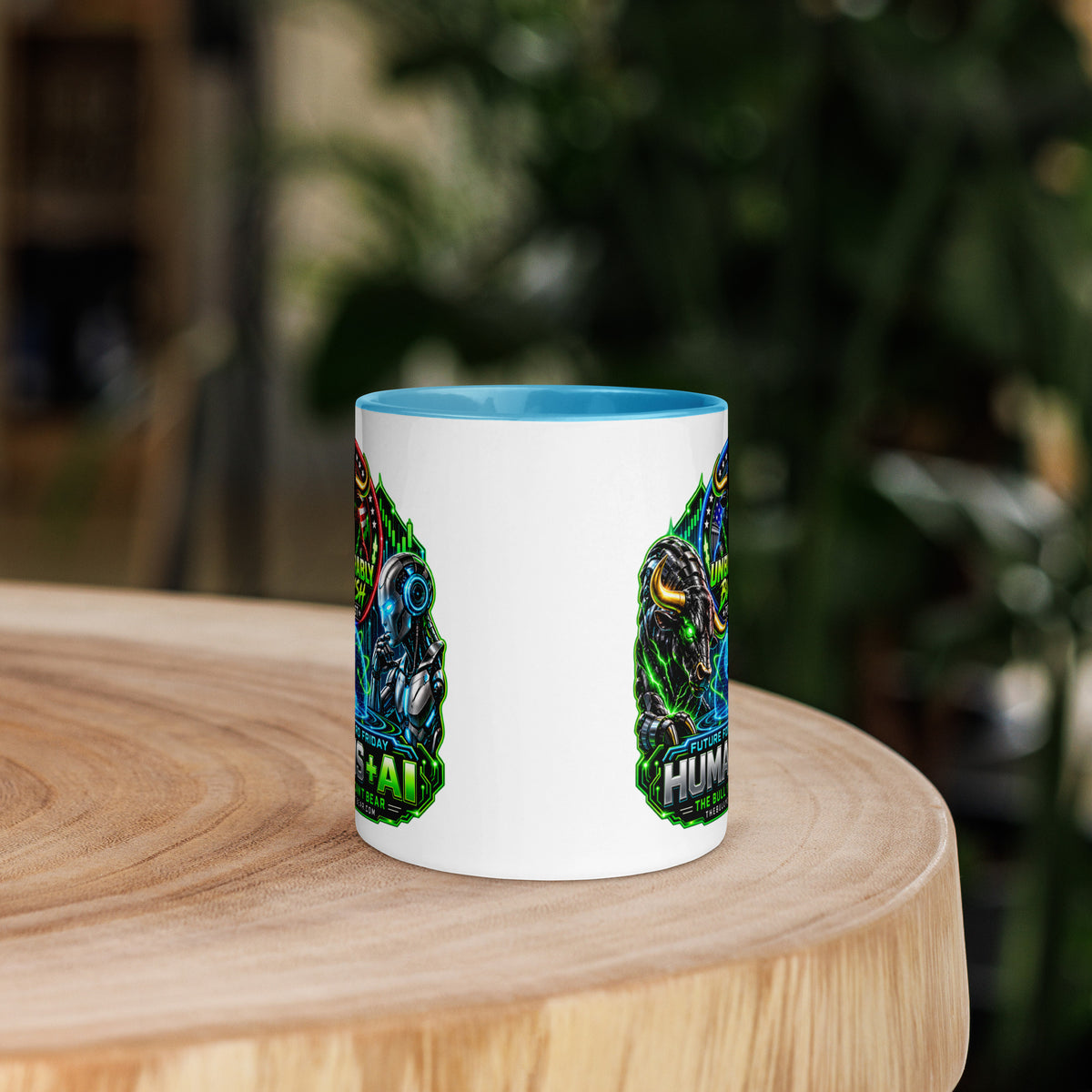 Humans + AI Mug with blue interior, 11 oz, front view