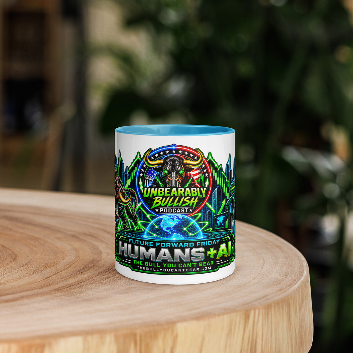 Humans + AI Panorama Wrap Mug with blue interior, 11 oz, front view