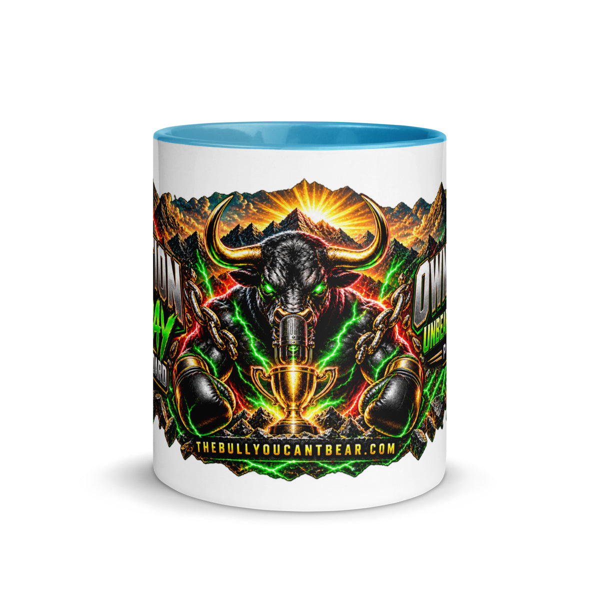 Motivation Monday Own The Week Mug with blue interior, 11 oz, front view