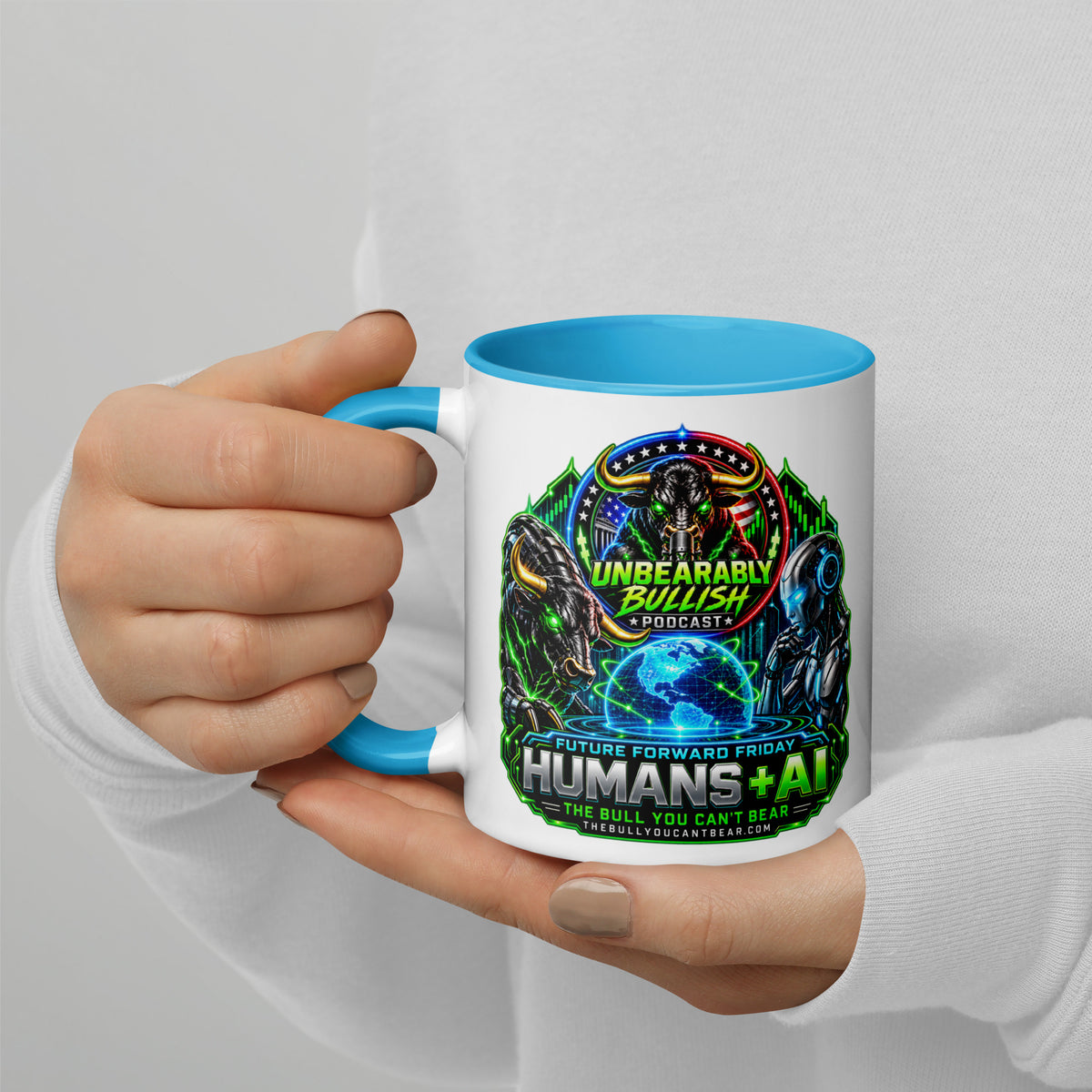 Humans + AI Mug with blue interior, 11 oz, left side alternate view