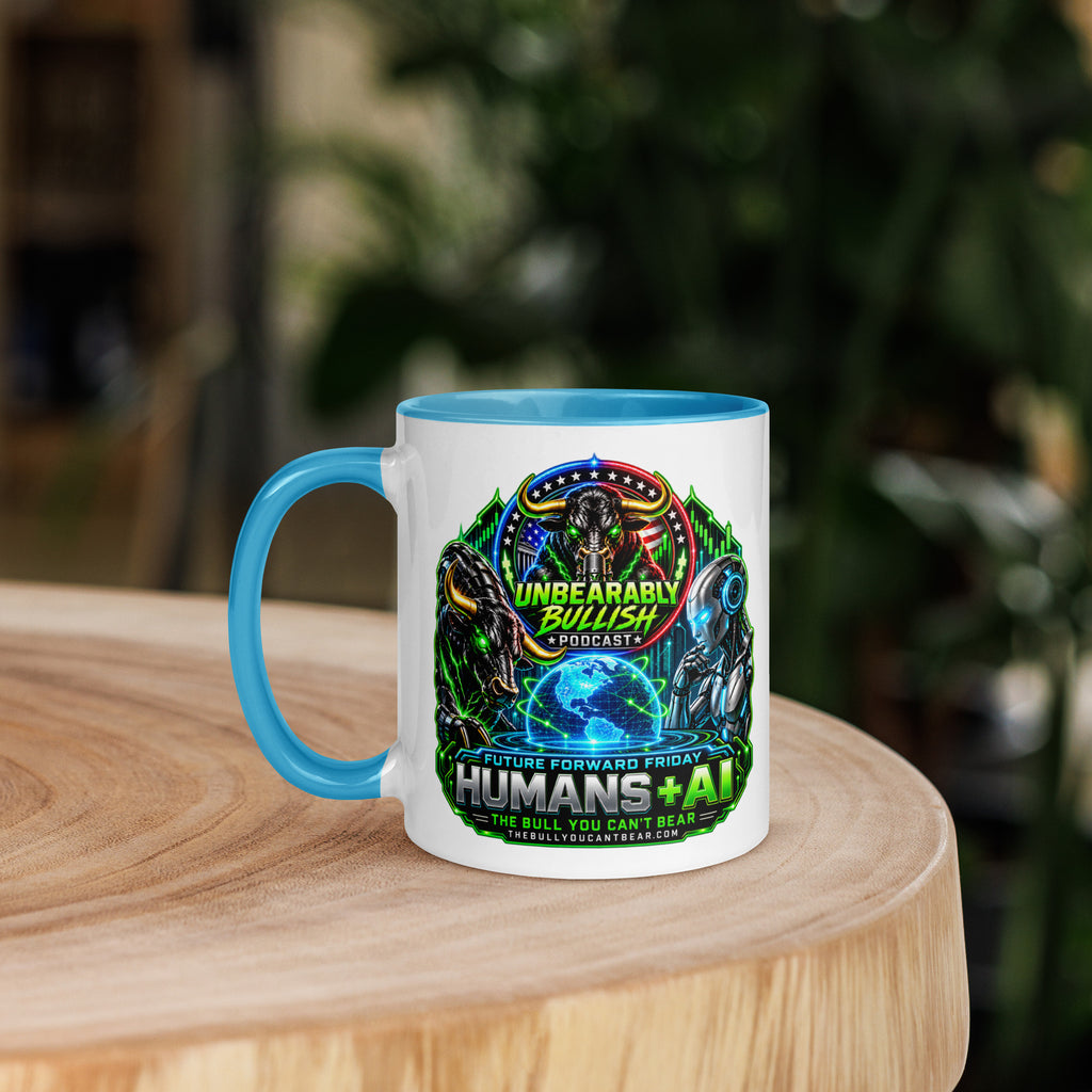 Humans + AI Mug with blue interior, 11 oz, left side
