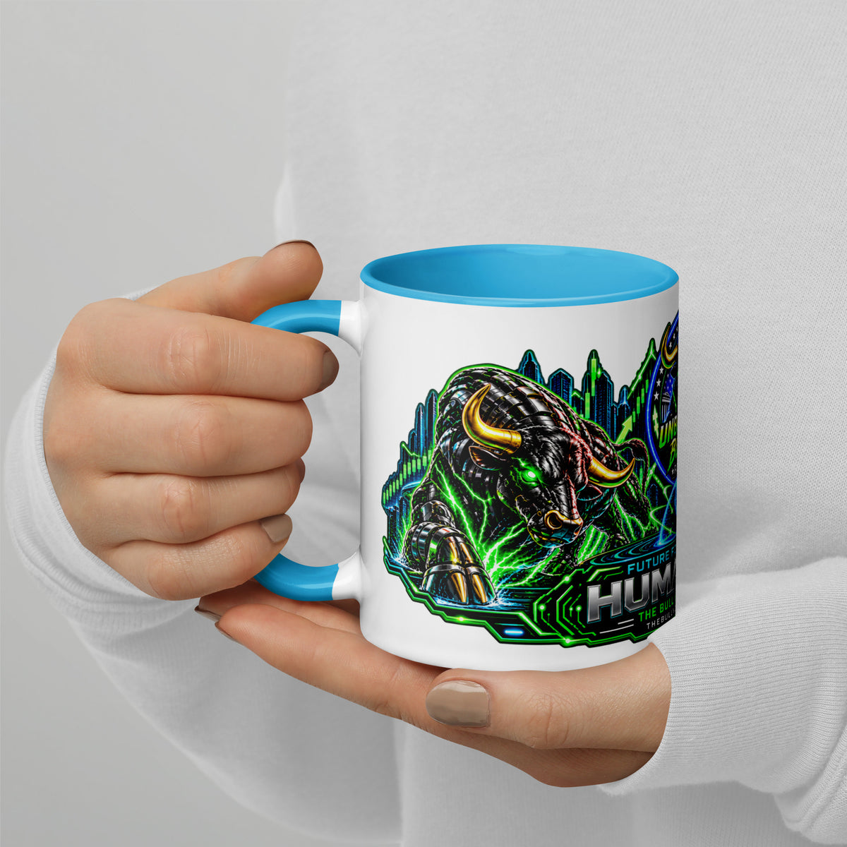 Humans + AI Panorama Wrap Mug with blue interior, 11 oz, left side alternate view