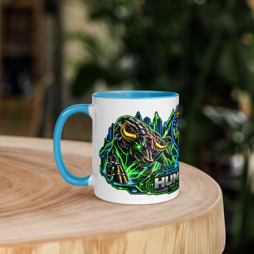 Humans + AI Panorama Wrap Mug with blue interior, 11 oz, left side