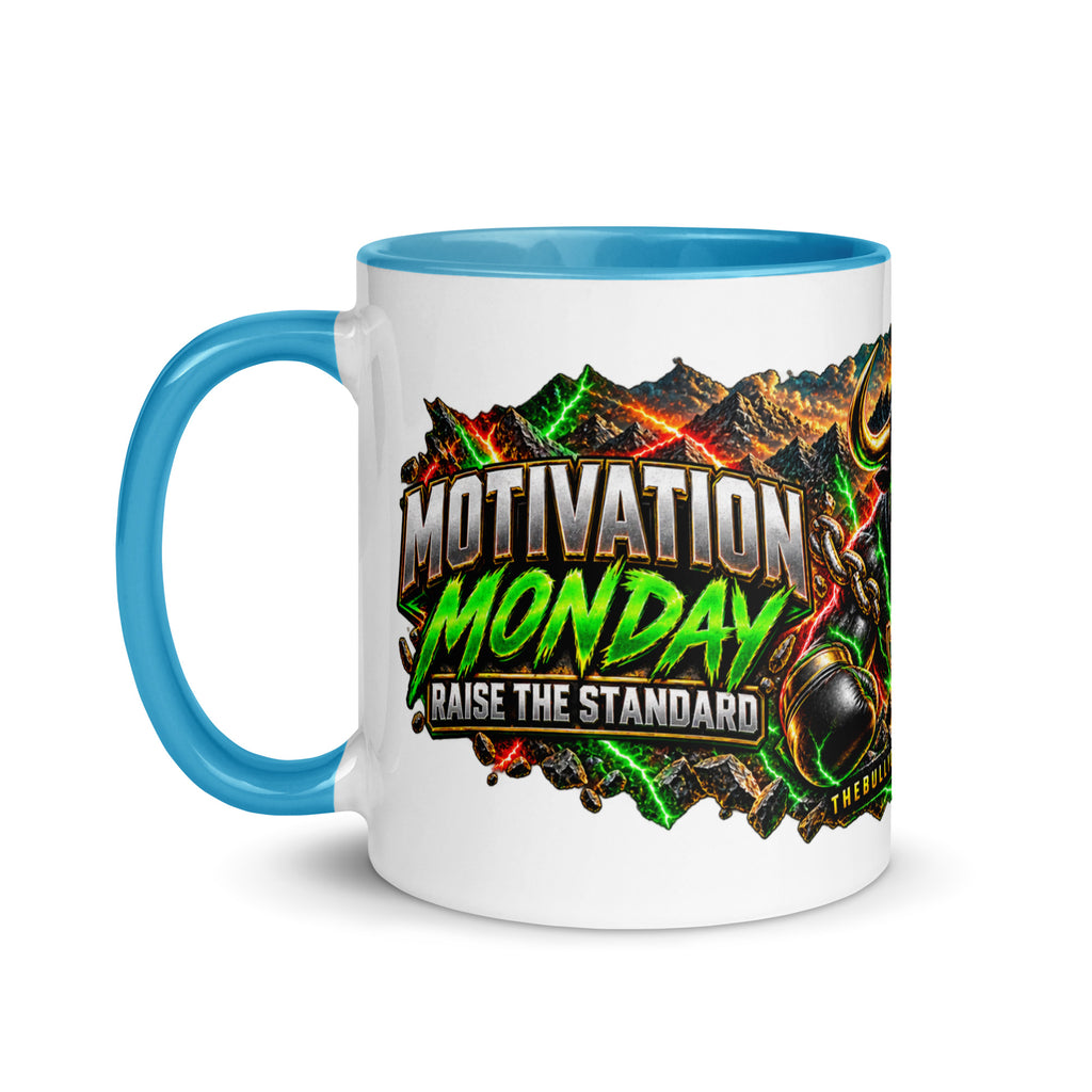 Motivation Monday Own The Week Mug with blue interior, 11 oz, left side