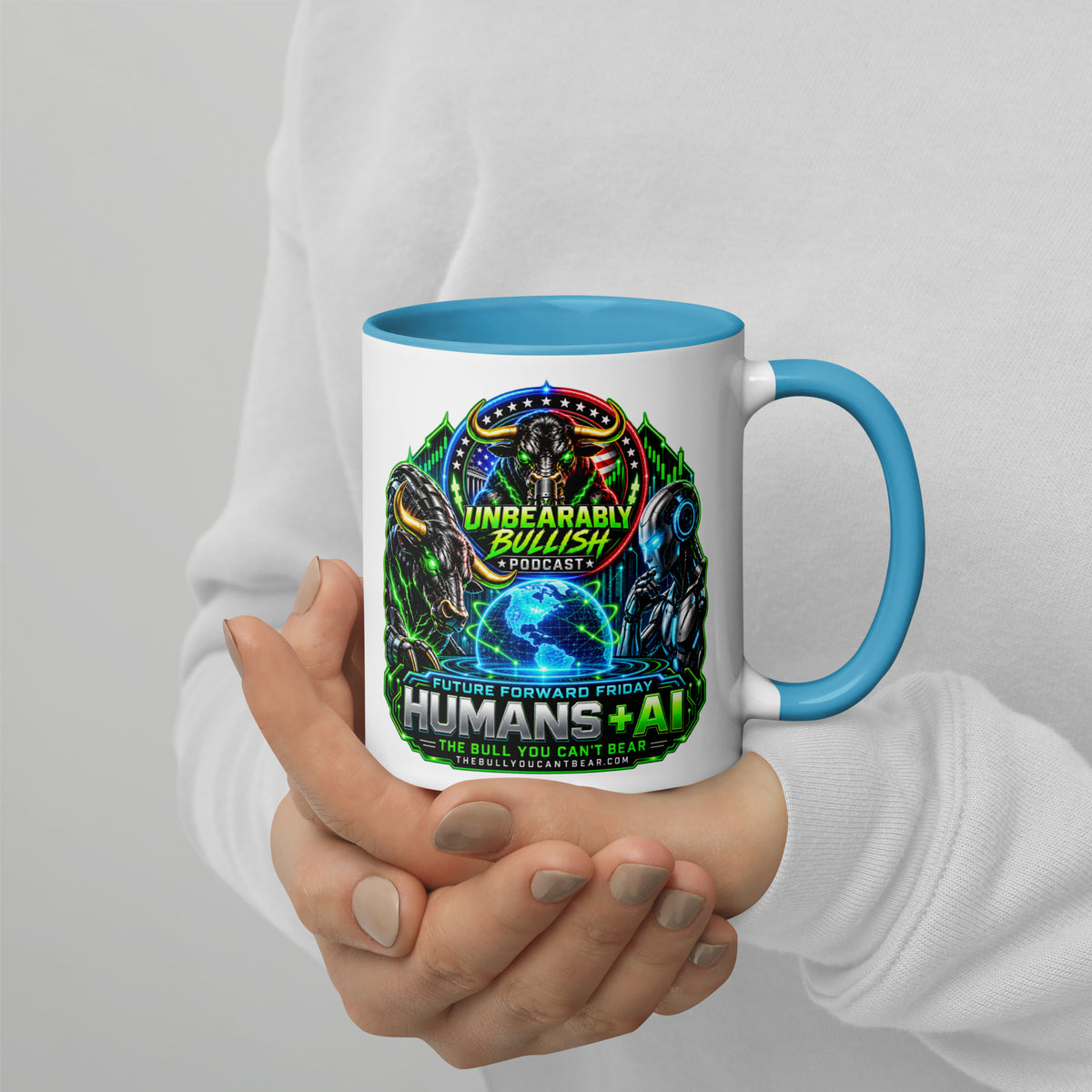Humans + AI Mug with blue interior, 11 oz, right side alternate view
