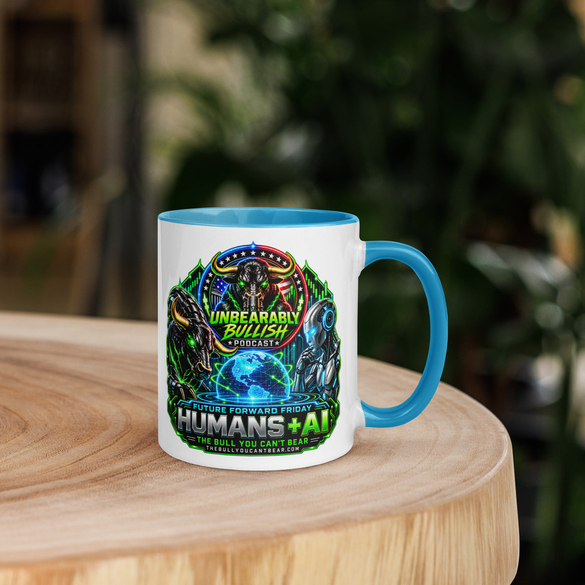 Humans + AI Mug with blue interior, 11 oz, right side