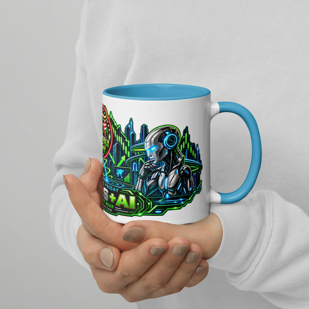 Humans + AI Panorama Wrap Mug with blue interior, 11 oz, right side alternate view