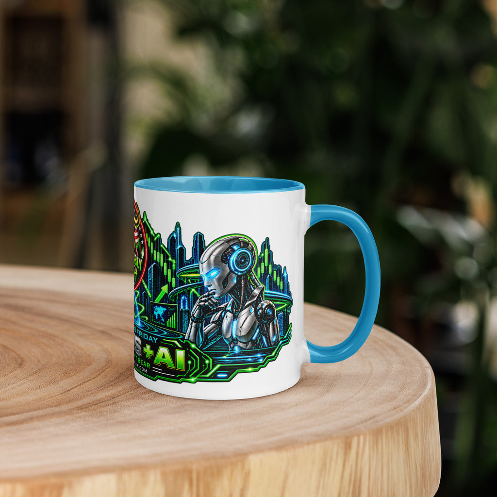 Humans + AI Panorama Wrap Mug with blue interior, 11 oz, right side