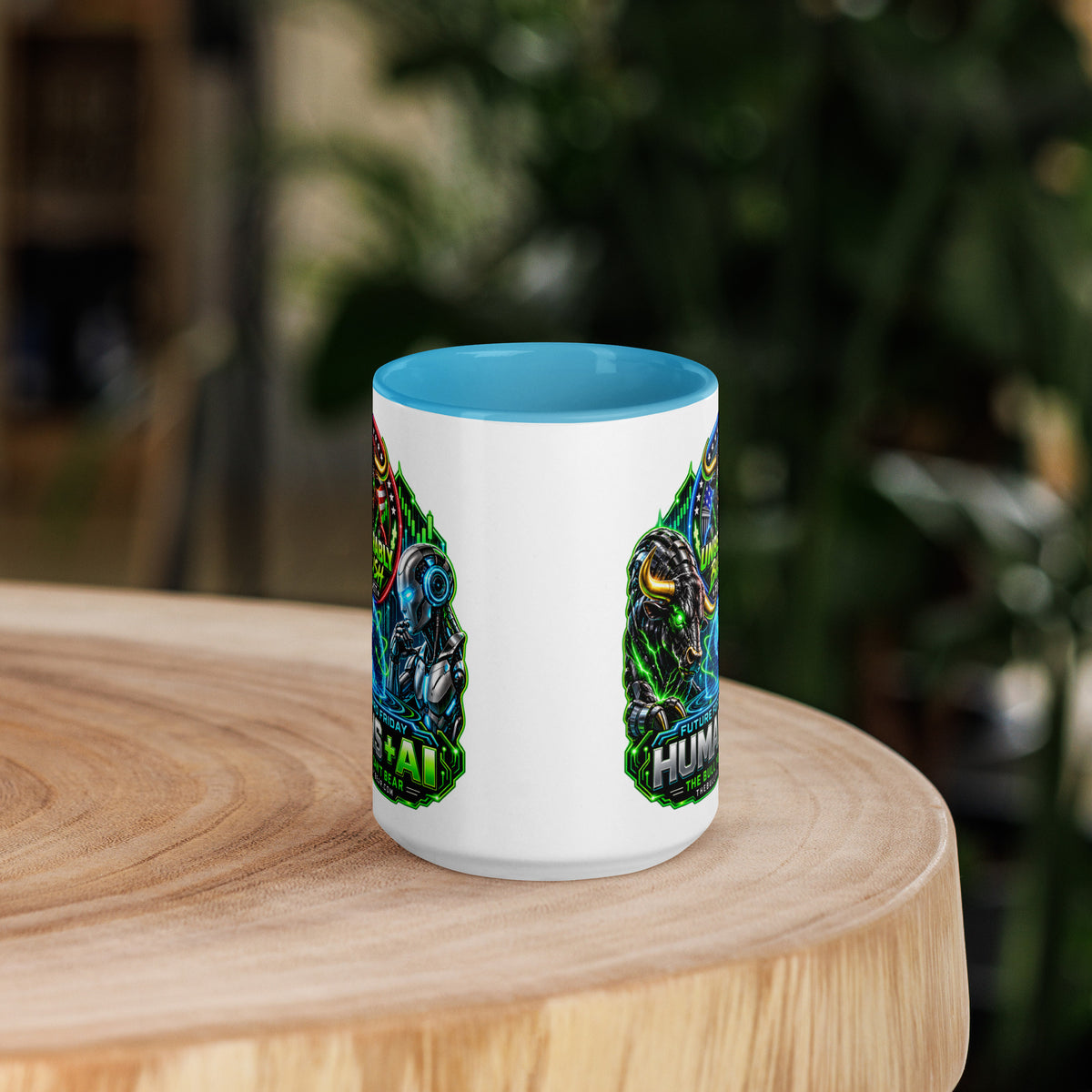 Humans + AI Mug with blue interior, 15 oz, front view