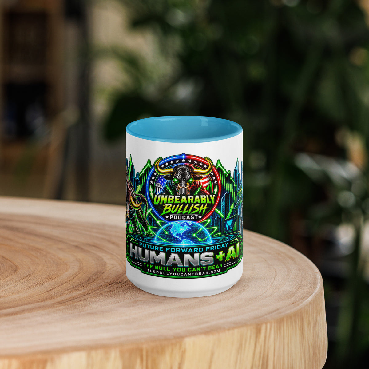 Humans + AI Panorama Wrap Mug with blue interior, 15 oz, front view