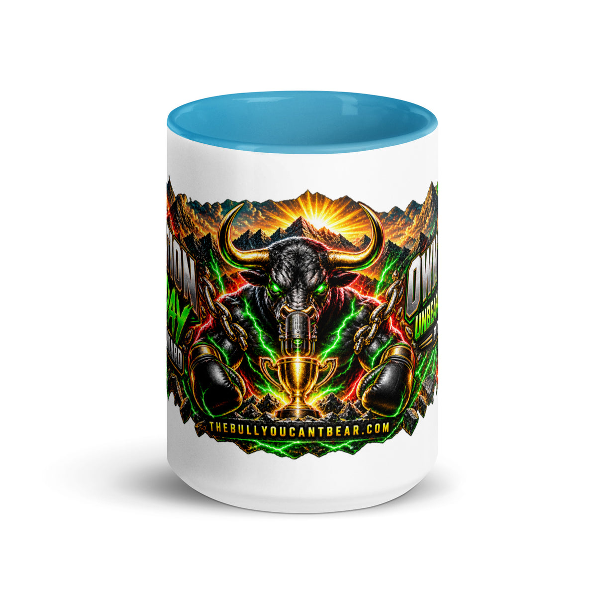 Motivation Monday Own The Week Mug with blue interior, 15 oz, front view
