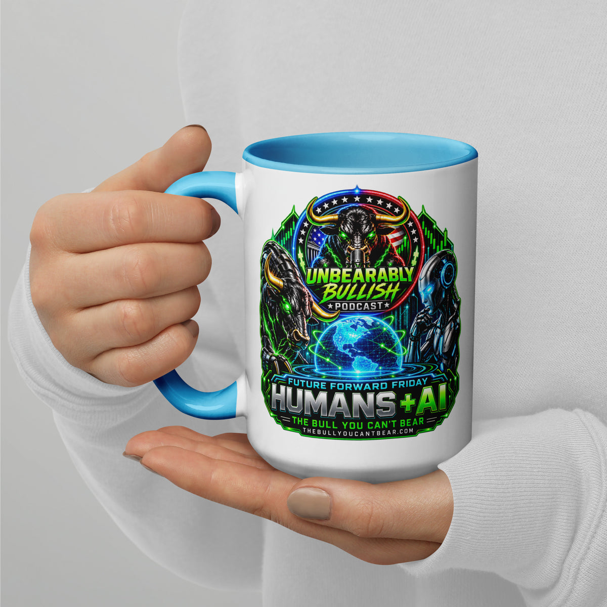 Humans + AI Mug with blue interior, 15 oz, left side alternate view