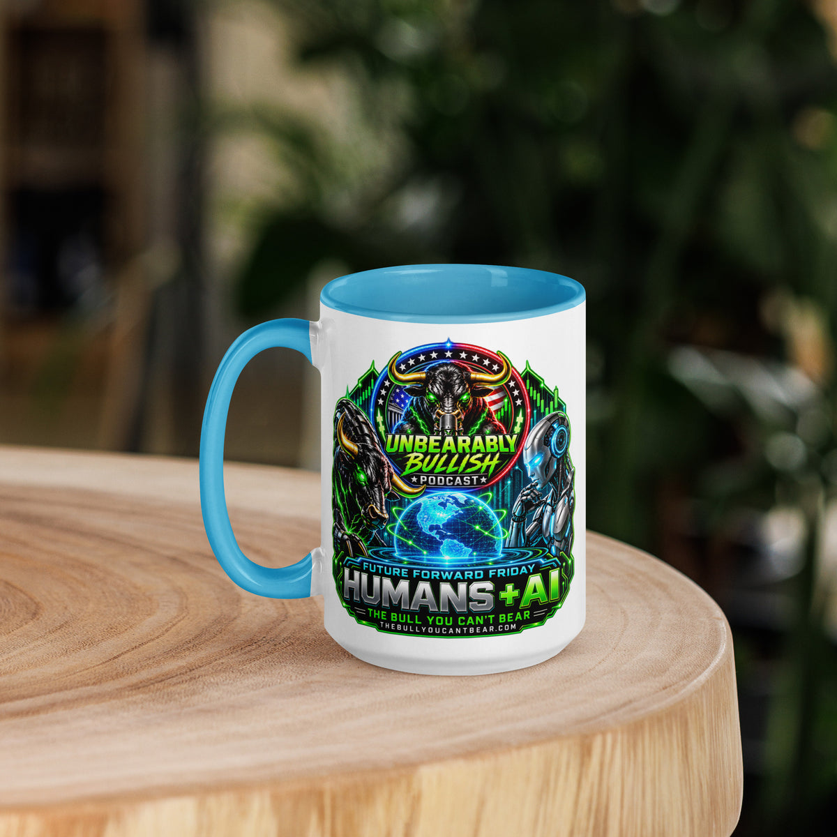 Humans + AI Mug with blue interior, 15 oz, left side