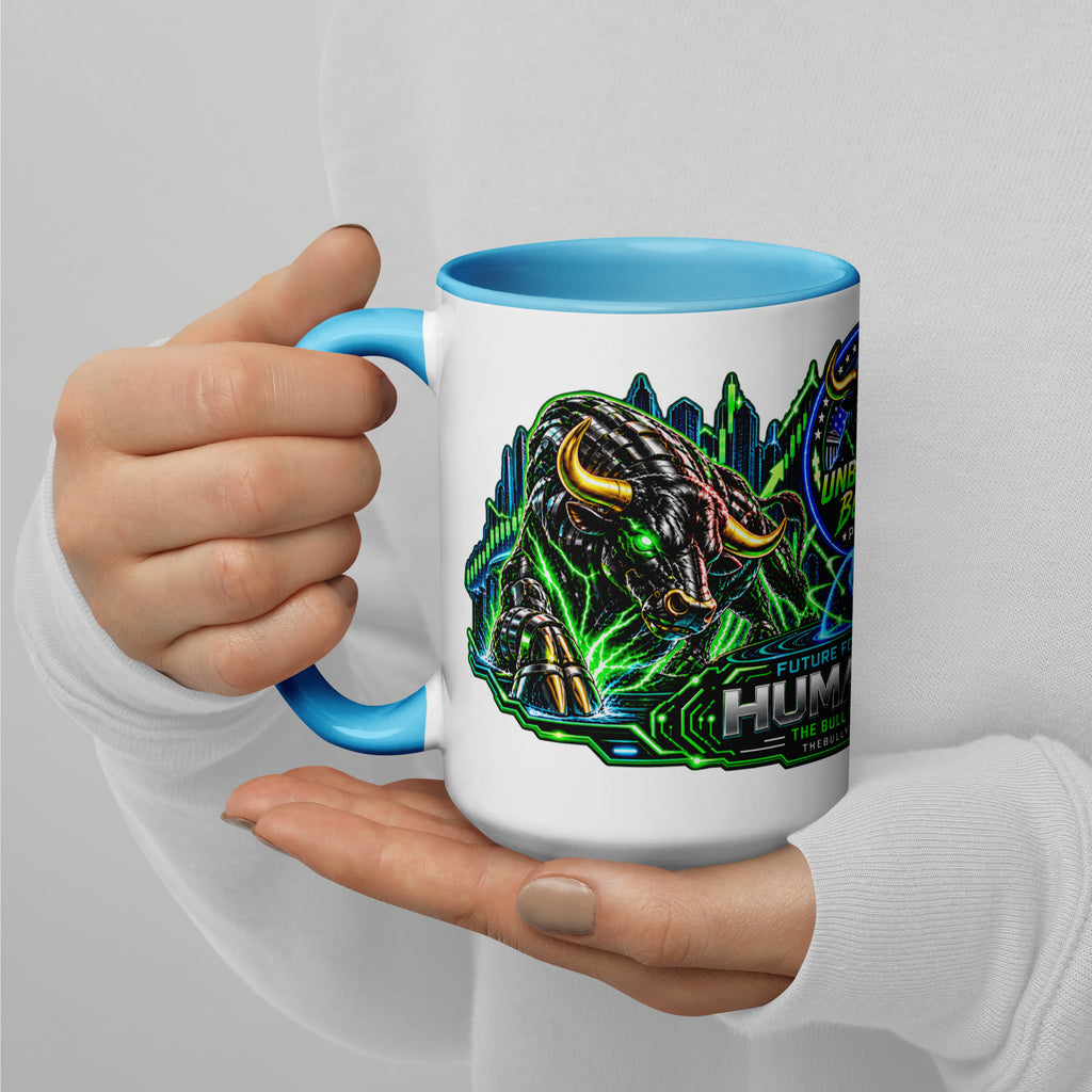 Humans + AI Panorama Wrap Mug with blue interior, 15 oz, left side alternate view