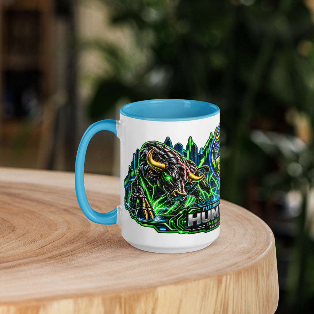 Humans + AI Panorama Wrap Mug with blue interior, 15 oz, left side