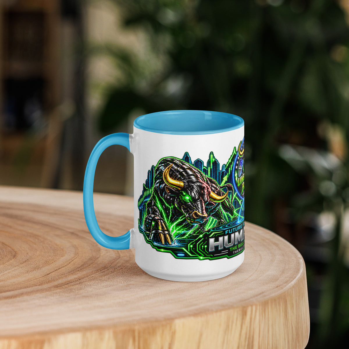 Humans + AI Panorama Wrap Mug with blue interior, 15 oz, left side