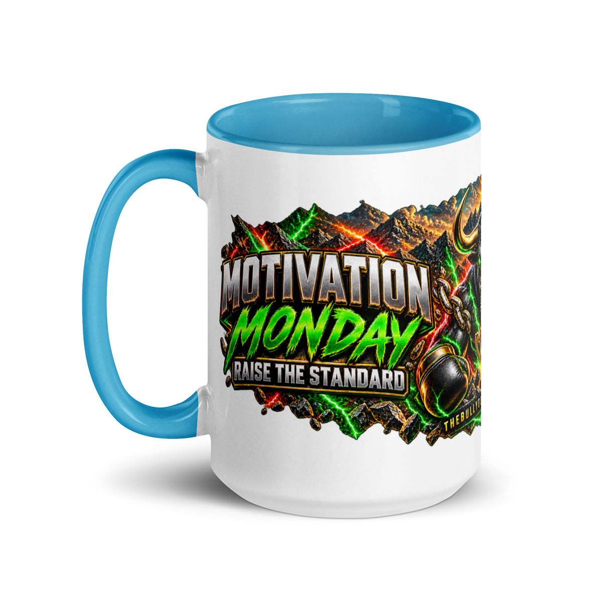 Motivation Monday Own The Week Mug with blue interior, 15 oz, left side
