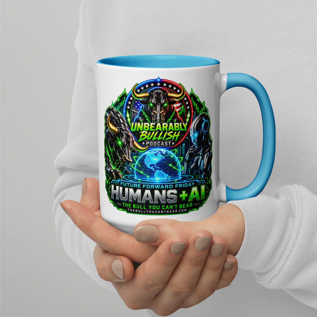 Humans + AI Mug with blue interior, 15 oz, right side alternate view