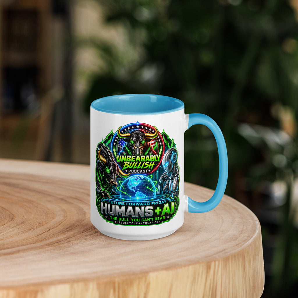 Humans + AI Mug with blue interior, 15 oz, right side