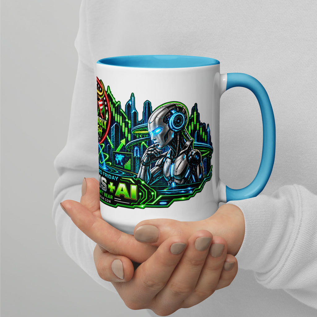Humans + AI Panorama Wrap Mug with blue interior, 15 oz, right side alternate view
