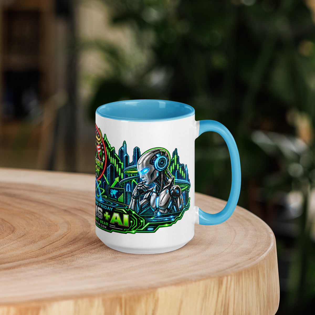 Humans + AI Panorama Wrap Mug with blue interior, 15 oz, right side