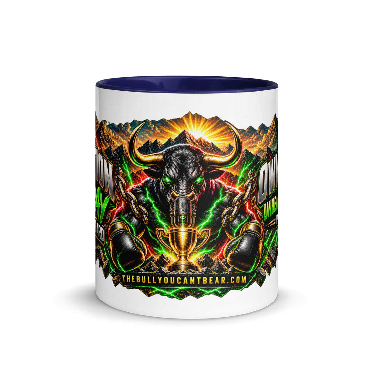 Motivation Monday Own The Week Mug with dark blue interior, 11 oz, front view