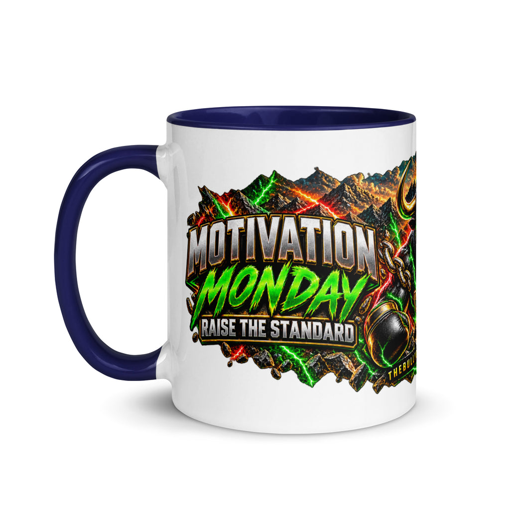 Motivation Monday Own The Week Mug with dark blue interior, 11 oz, left side