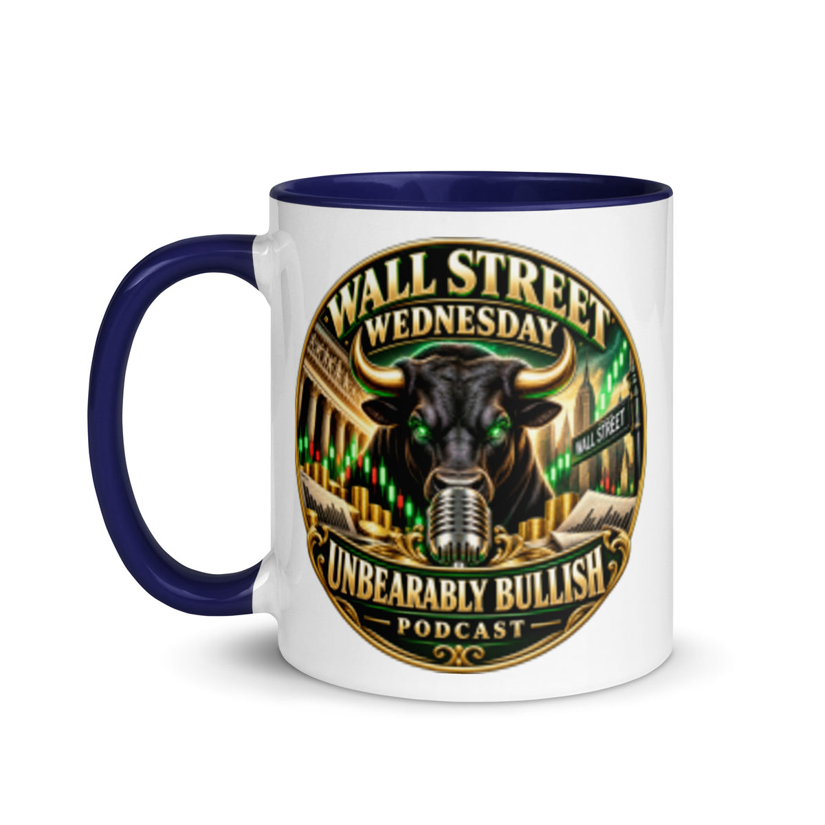 Wall Street Wednesday Mug with dark blue interior, 11 oz, left side