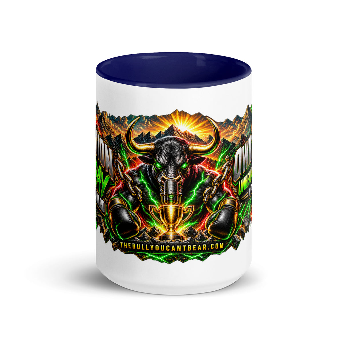 Motivation Monday Own The Week Mug with dark blue interior, 15 oz, front view
