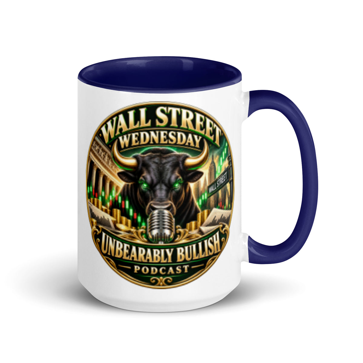Wall Street Wednesday Mug with dark blue interior, 15 oz, right side
