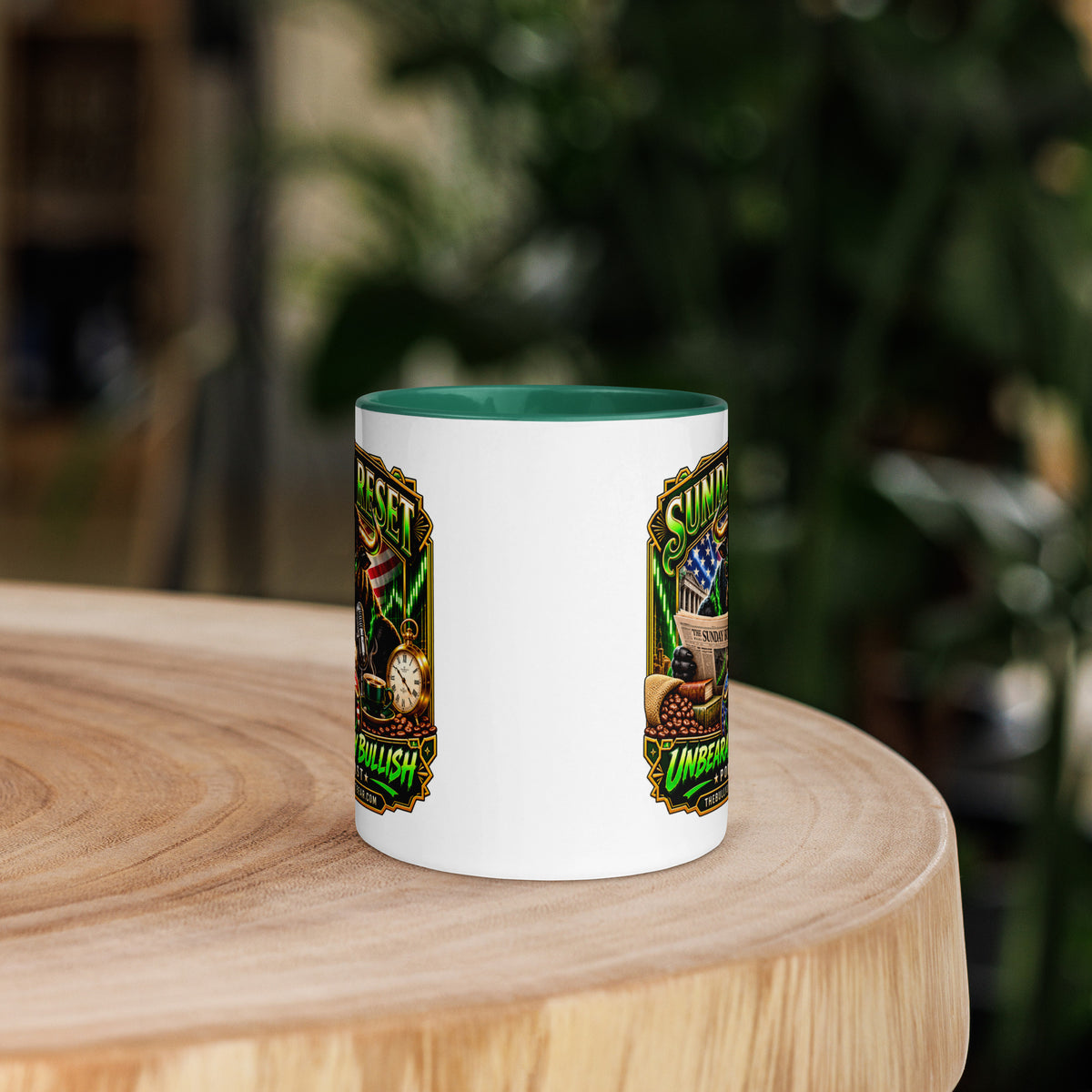 Sunday Reset Mug with dark green interior, 11 oz, front view