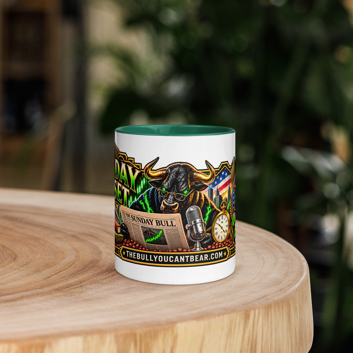 Sunday Reset Panorama Wrap Mug with dark green interior, 11 oz, front view