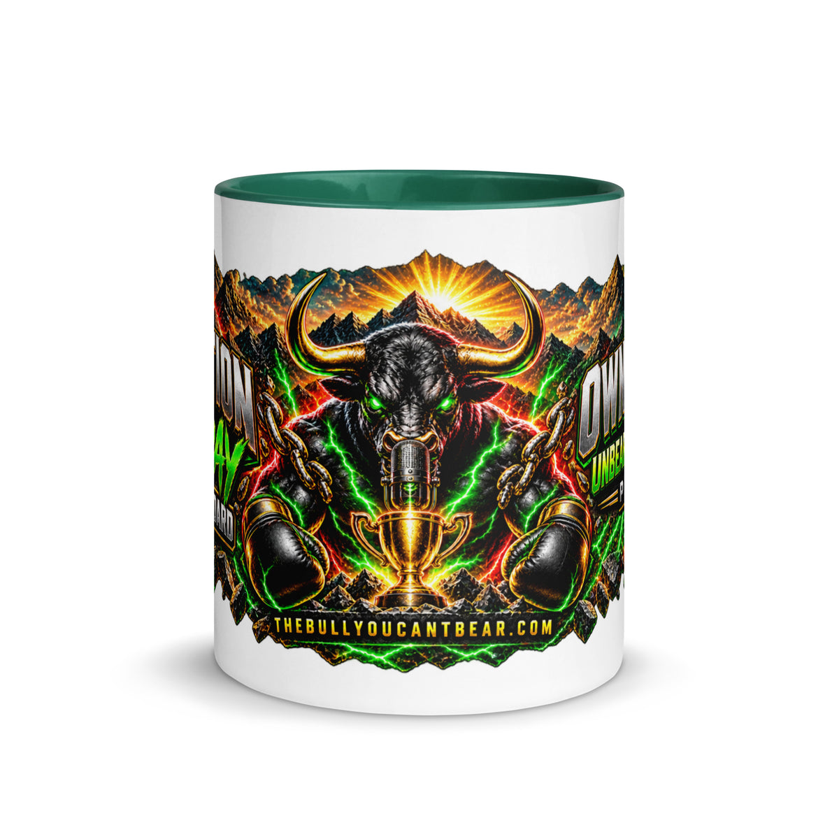 Motivation Monday Own The Week Mug with dark green interior, 11 oz, front view