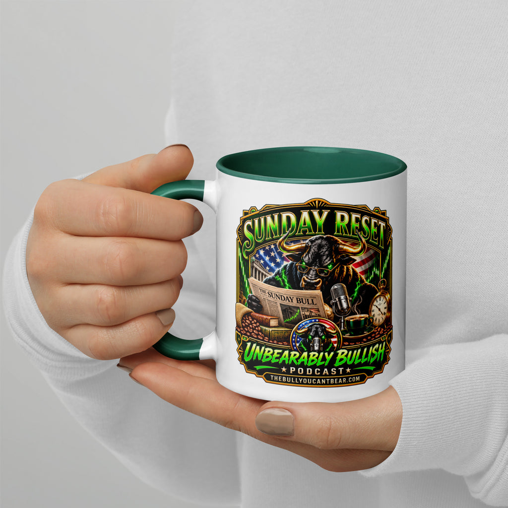 Sunday Reset Mug with dark green interior, 11 oz, left side alternate view