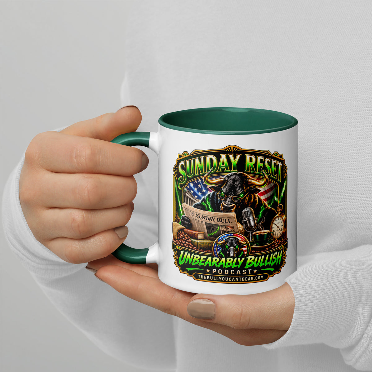 Sunday Reset Mug with dark green interior, 11 oz, left side alternate view