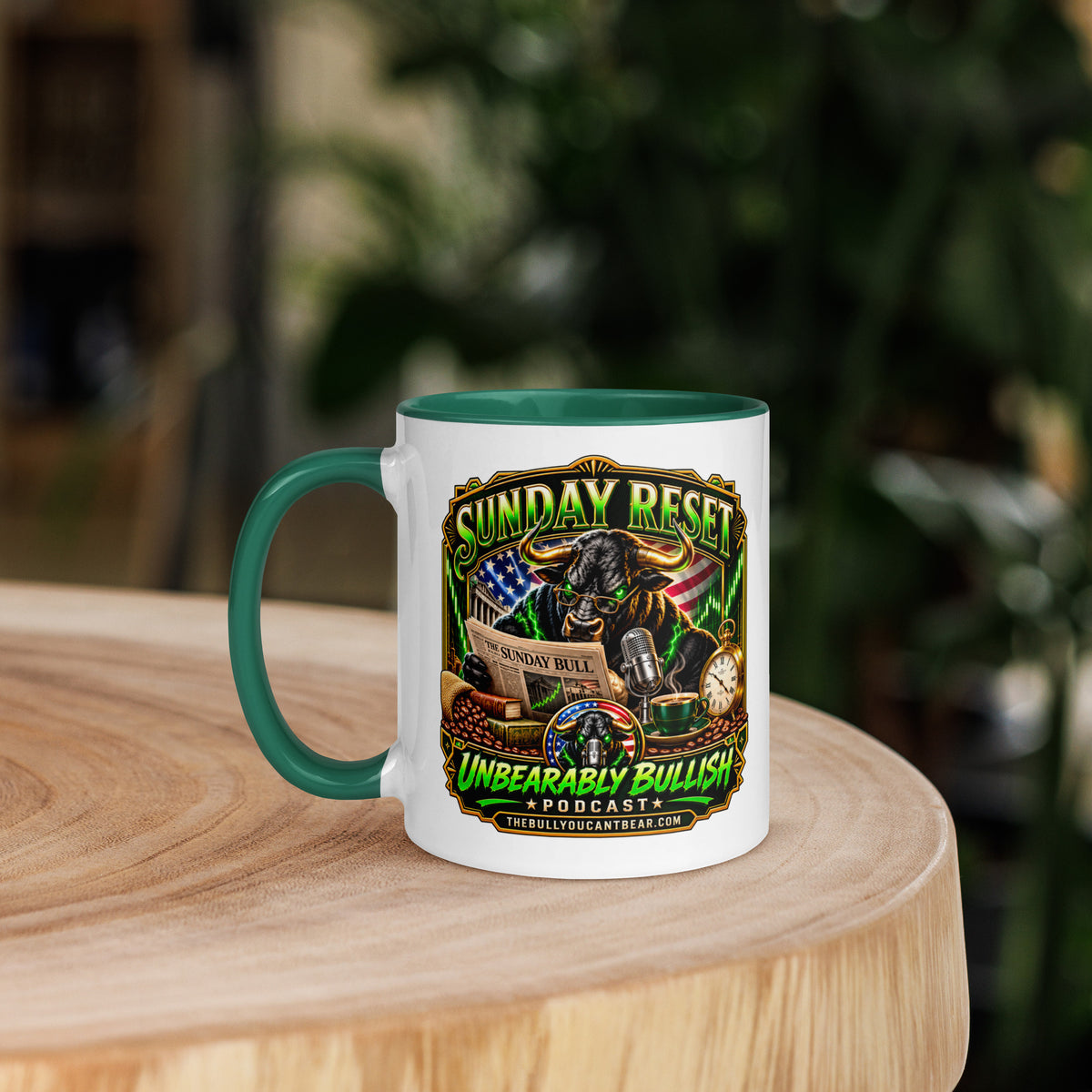 Sunday Reset Mug with dark green interior, 11 oz, left side