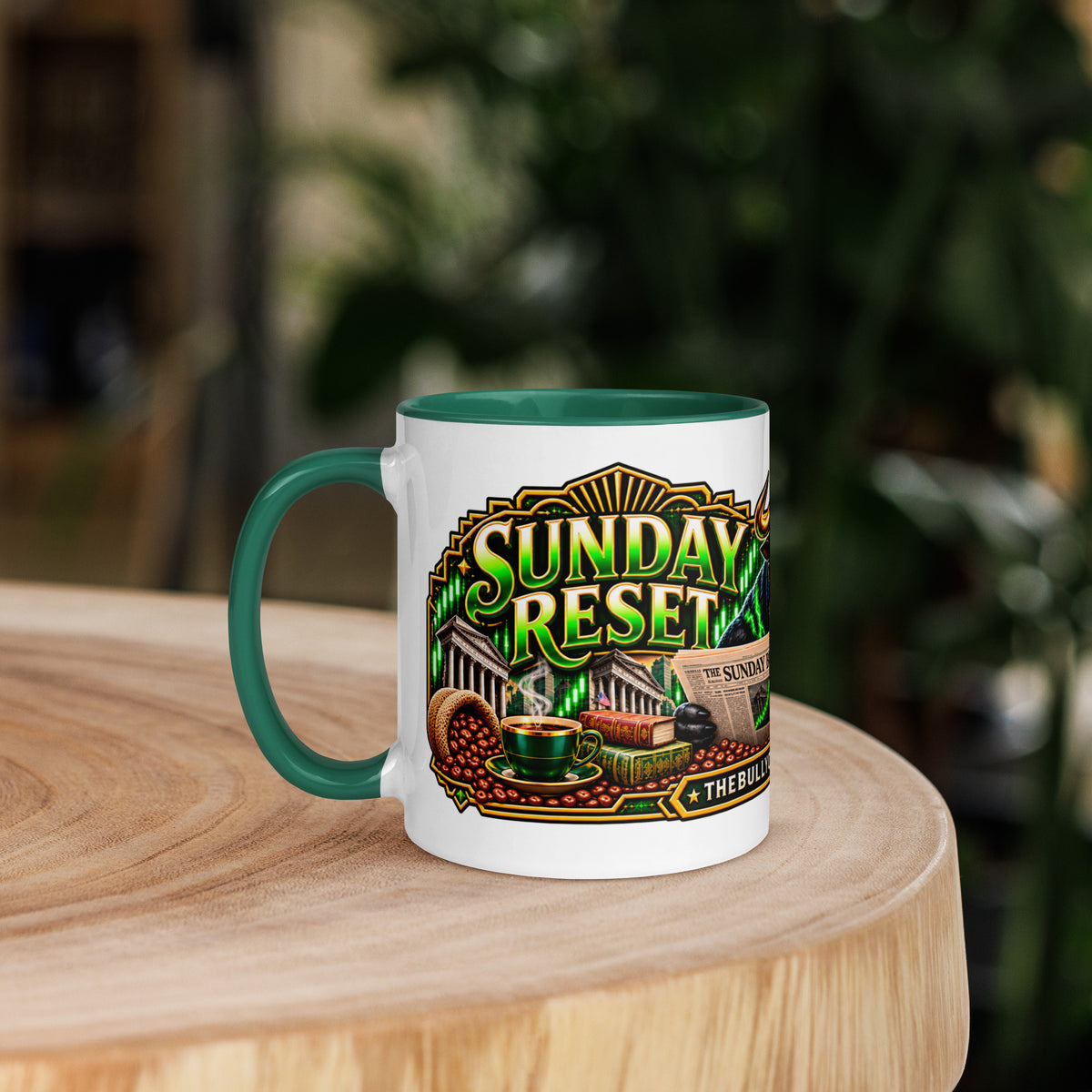 Sunday Reset Panorama Wrap Mug with dark green interior, 11 oz, left side