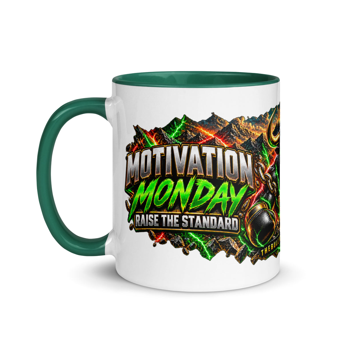 Motivation Monday Own The Week Mug with dark green interior, 11 oz, left side