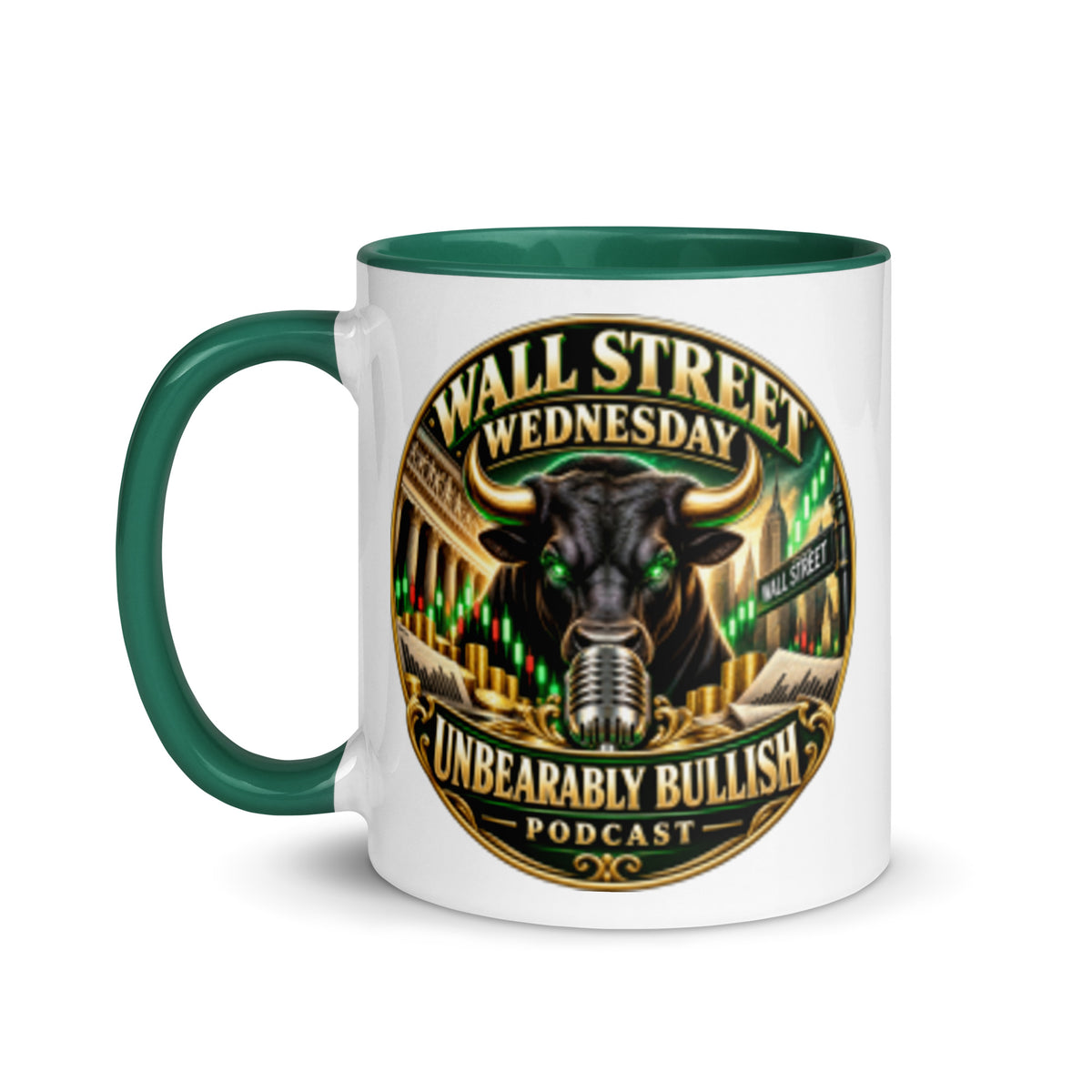 Wall Street Wednesday Mug with dark green interior, 11 oz, left side