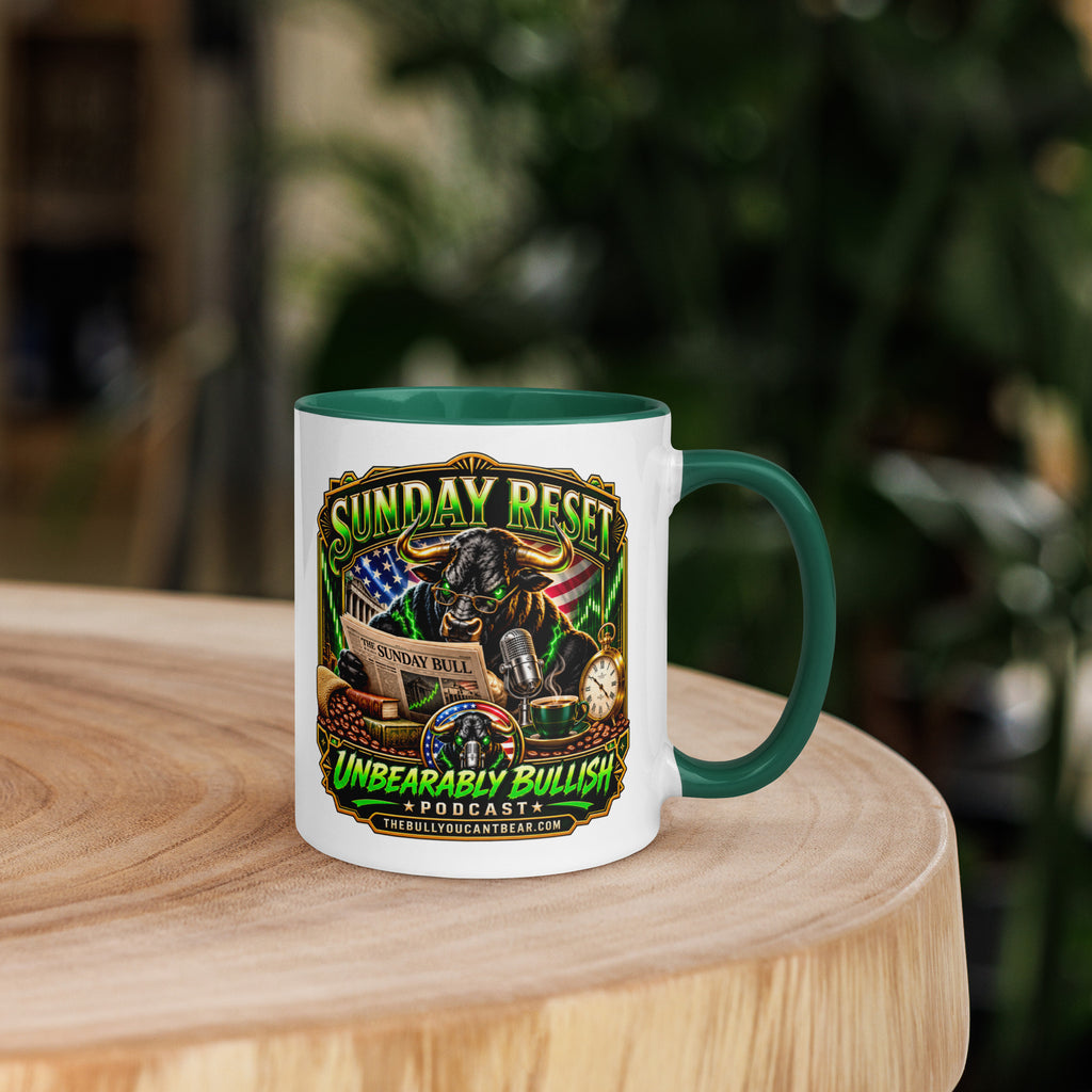 Sunday Reset Mug with dark green interior, 11 oz, right side