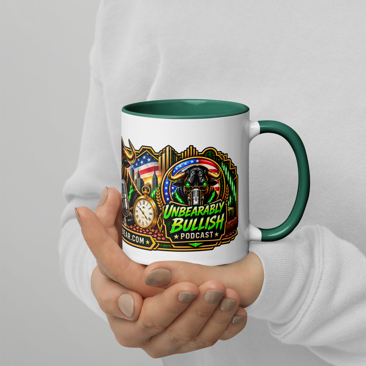 Sunday Reset Panorama Wrap Mug with dark green interior, 11 oz, right side alternate view