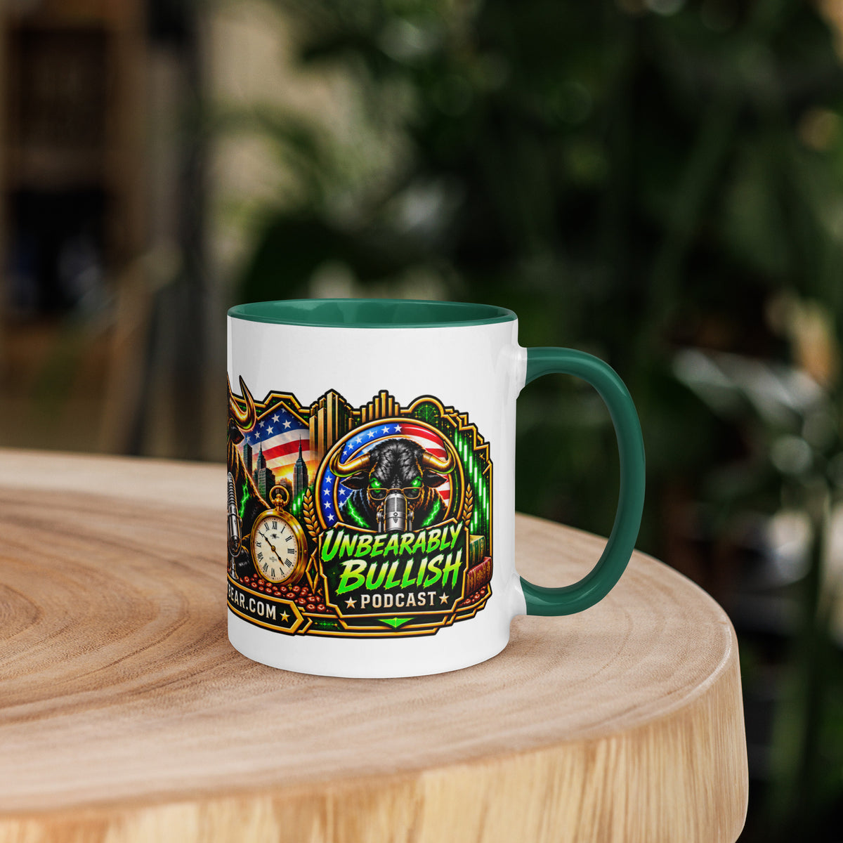 Sunday Reset Panorama Wrap Mug with dark green interior, 11 oz, right side