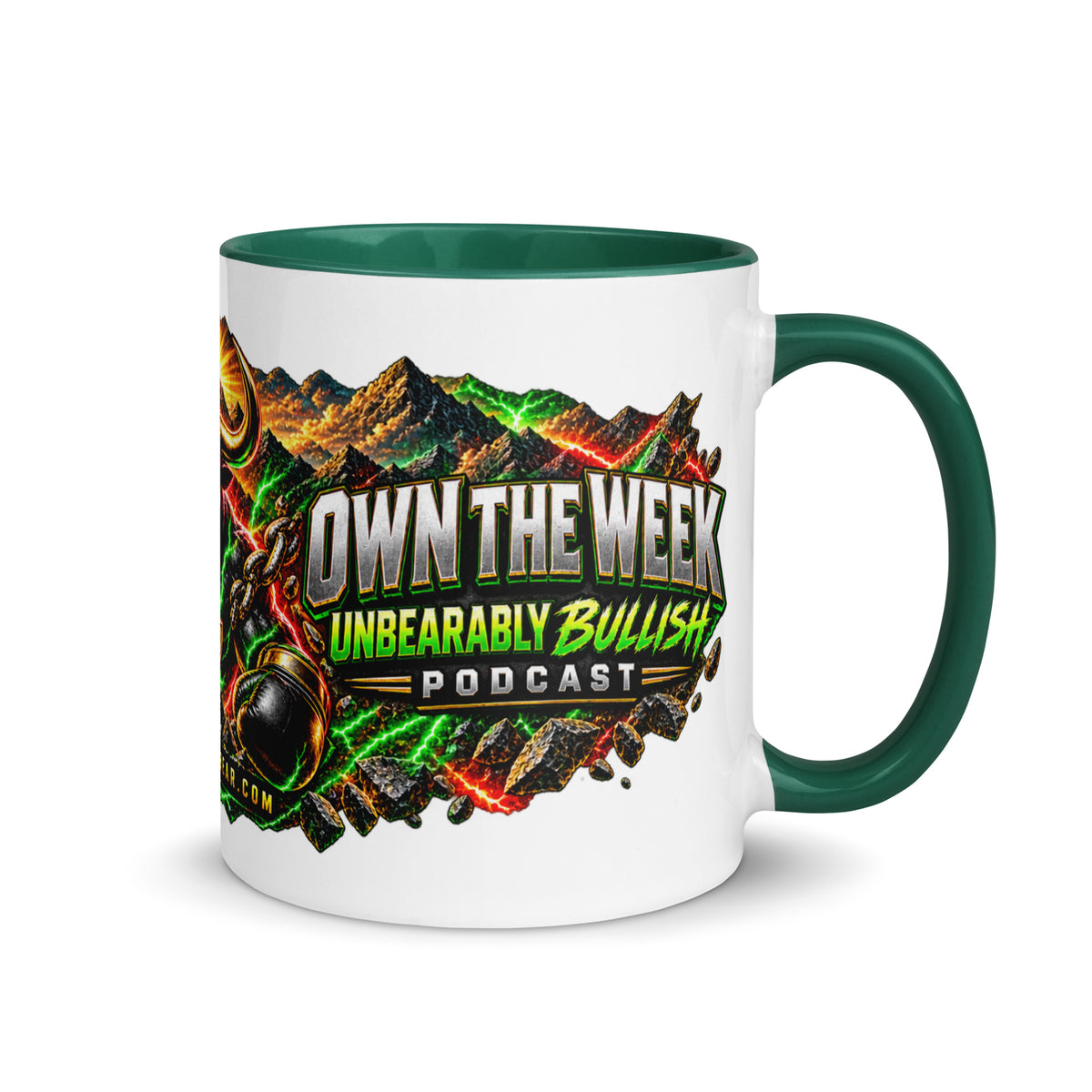 Motivation Monday Own The Week Mug with dark green interior, 11 oz, right side