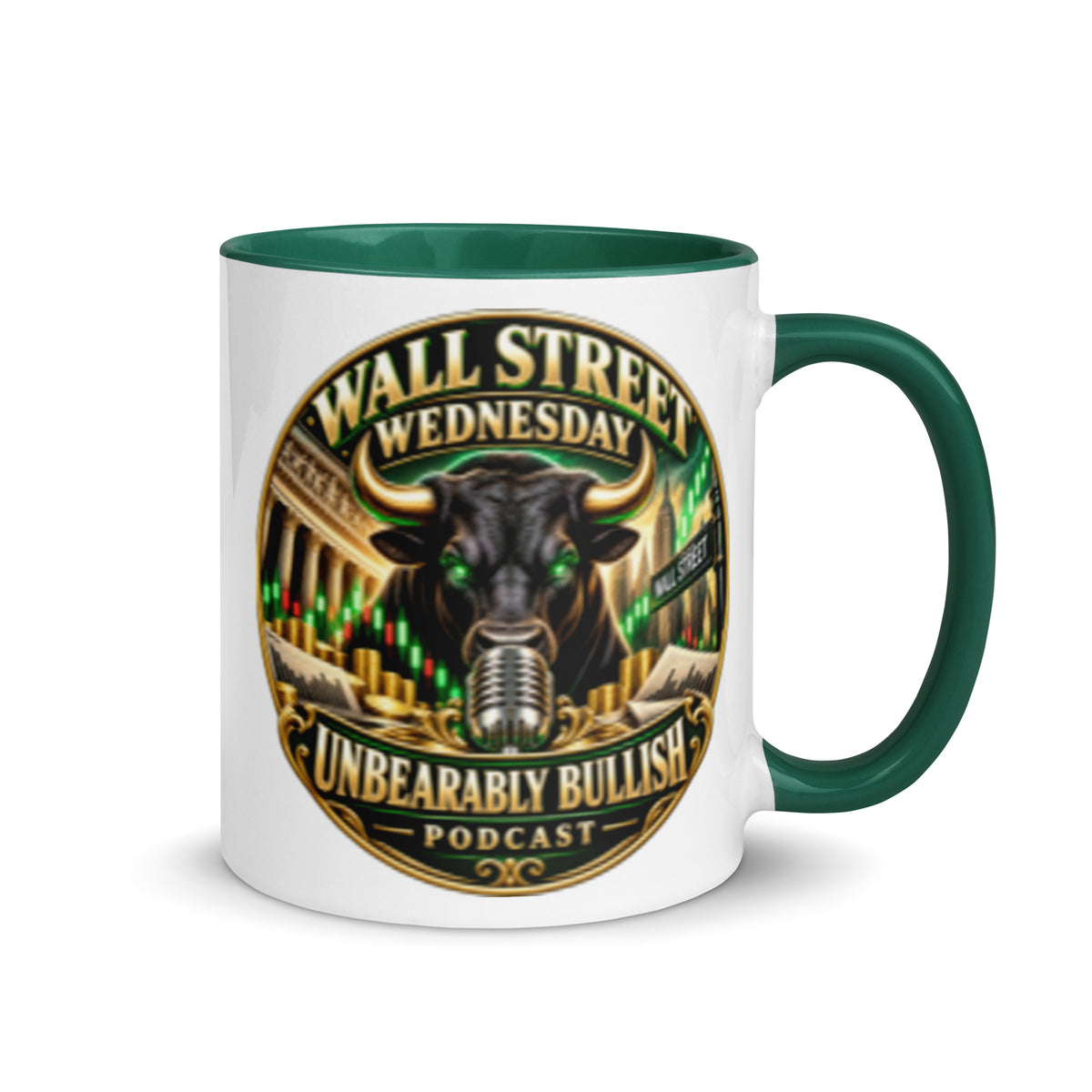 Wall Street Wednesday Mug with dark green interior, 11 oz, right side