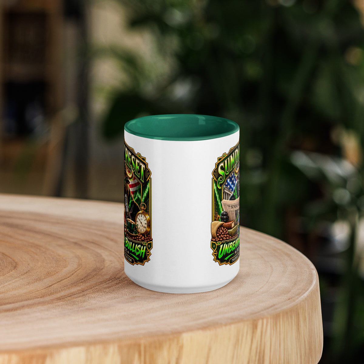 Sunday Reset Mug with dark green interior, 15 oz, front view