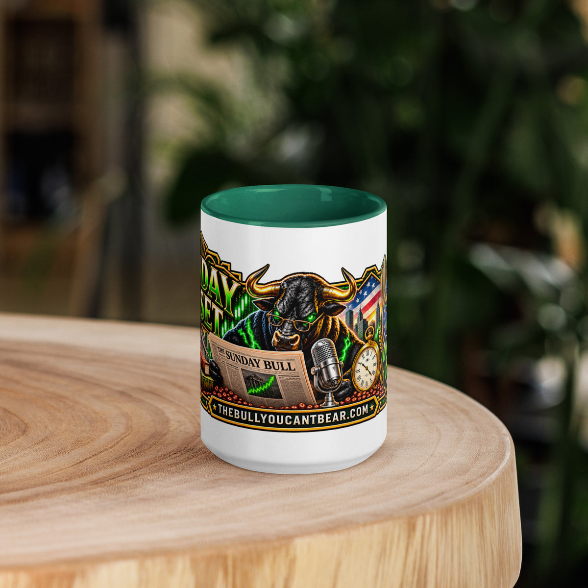 Sunday Reset Panorama Wrap Mug with dark green interior, 15 oz, front view
