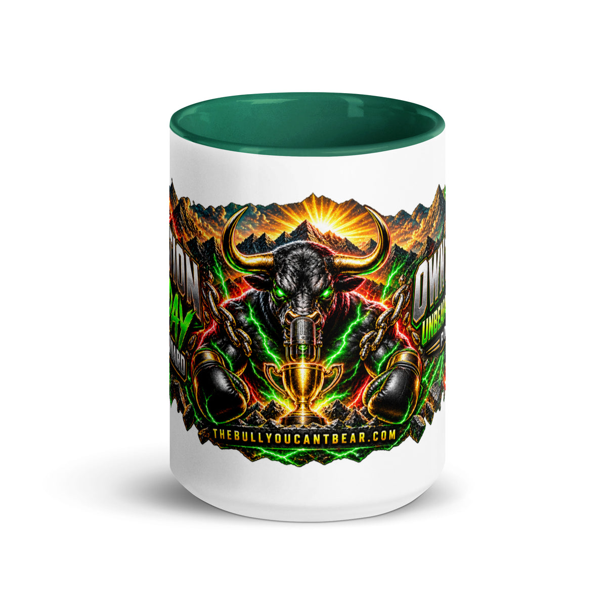 Motivation Monday Own The Week Mug with dark green interior, 15 oz, front view