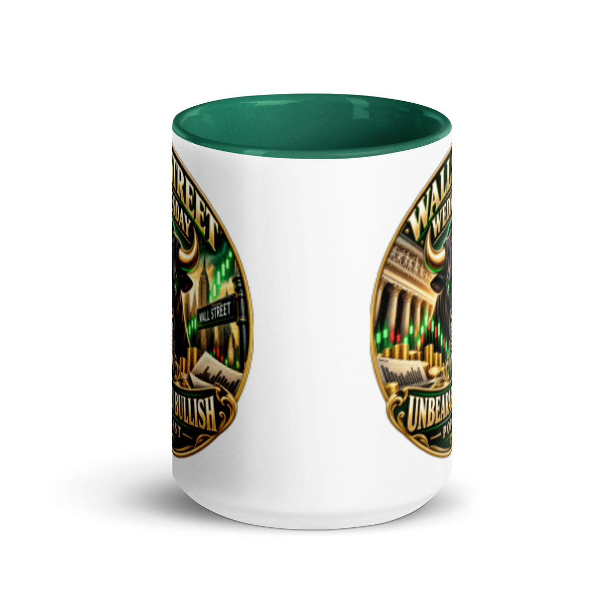 Wall Street Wednesday Mug with dark green interior, 15 oz, front view