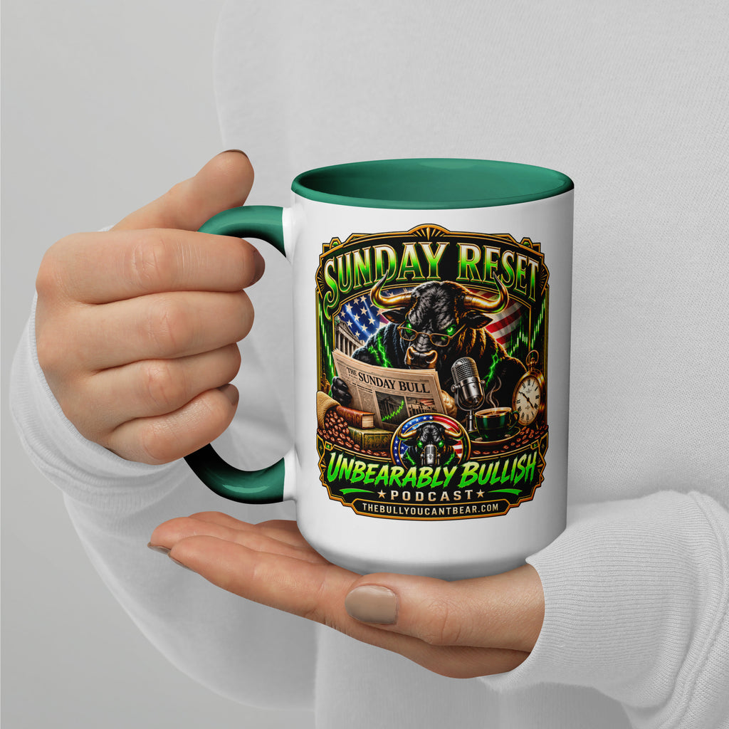 Sunday Reset Mug with dark green interior, 15 oz, left side alternate view